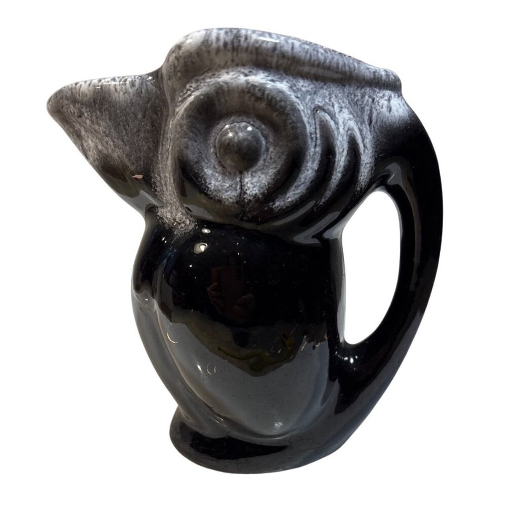 Ceramic Owl Pitcher Black & Gray Drip Glaze Canada 4.25" Tall  Collectible